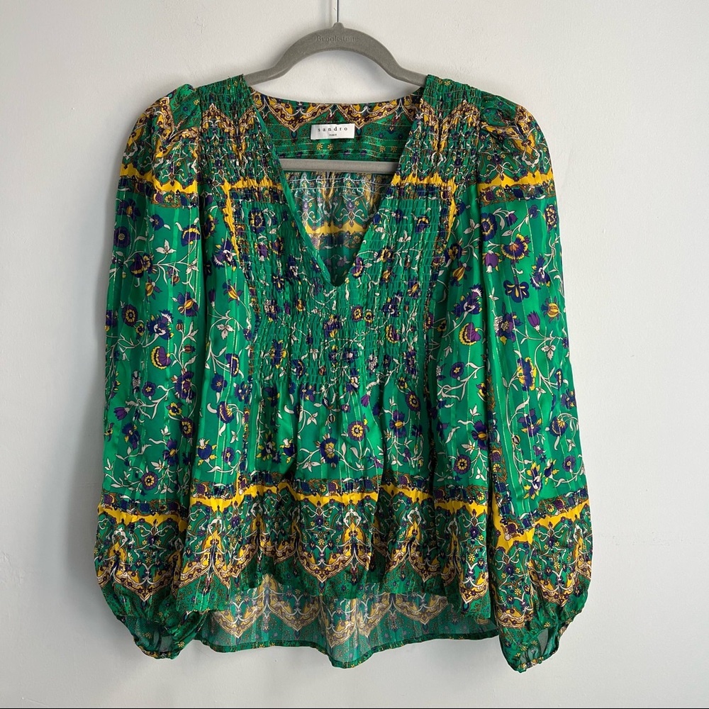 Sandro Paris Green Yellow Gold Patterned Flowy Long Sleeve Blouse